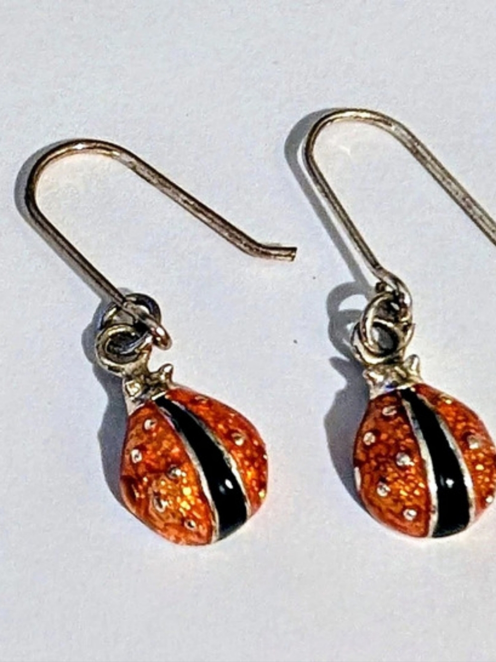 Sterling Silver Lady Bug Earings Orange & Black Drop 925